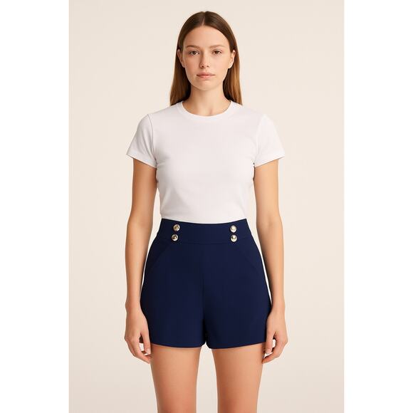 Walter Baker Molly High Waist Twill Shorts – Navy Blue with Gold Buttons Size 2 - Picture 1 of 6